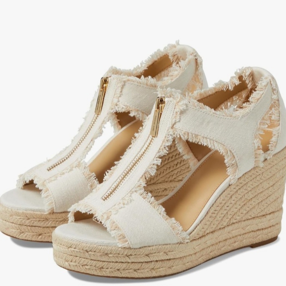 NEW Michael Kors Women's Berkley Wedge Sandals Cream Color Fringed Denim SZ 10 - Picture 3 of 16